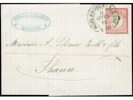 “MÜHLHAUSEN i. ELS. BHF. 11.OCTBR.72” (Spalink 26-5) sehr klar auf großer Schild 1 Gr. karmin auf kpl. Faltbrief nach Thann m
