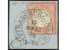 “STRASSBURG i. ELS. BHF. 19.MÄRZ.74” (Spalink 36-2N) klar und kpl. auf großer Schild 1 Gr. karmin auf Briefstück. Die farbfri