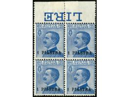 1908, 1 PIASTRA on 25 c. blue, block of four with top margin, mint never hinged, very fine. (Sassone Cat. €480++).

