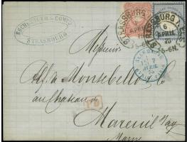 “STRASSBURG i. ELS 6.ABRIL.75” (Spalink 36-3) zweimal klar auf großer Schild 2 Gr. grauultramarin und Ausgabe 1875 10 Pfge ka