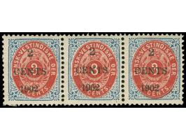 1902, 2 CENTS on 3 c. ,perf. 12¾, normal frame in strip with 2 copies inverted frame, unused