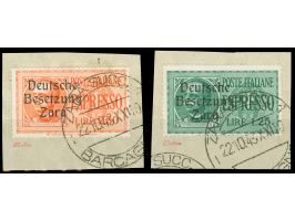 1943, 1,25 L. grün und 2,50 L. dunkelrotorange, mit Stempel “ZARA 22.10.43” auf zwei Briefstücken, tadellos, sign. Ludin BPP,