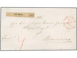 "POSEN F. N2 17.2.67" klar in rot auf Paketbegleitbrief mit Rötelvermerk "4" (Silbergroschen) nach Bromberg, mit Ausgabestemp