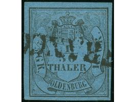 1852, 1/30 Th. auf blau, Type II, allseits voll- bis breitrandig mit schwarzem L1 “FRANCO”, in einwandfreier Erhaltung, Fotob