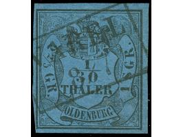 1852, 1/30 Th. auf blau, Type IV, allseits voll- bis breitrandig mit klarem, schwarzen Ra2 “VAREL 8.7.” in einwandfreier Erha