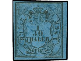 1852, 1/30 Th. auf blau, Type 1 mit Retusche des Plattenschadens, allseits voll- bis breitrandig mit zartem, blauen Ra2 “ELSF