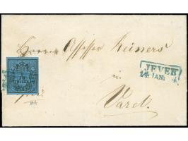 1852, 1/30 Th. auf blau, Type I, allseits voll- bis breitrandig mit klarem, blauen Ra2 “JEVER 14.JAN.” auf kpl. Faltbrief nac