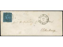 1852, 1/30 Th. auf blau, Type III, allseits noch voll- bis breitrandig mit schwarzm DKr. “ST.P.A. BREMEN 12.6.” auf Briefkuve