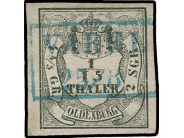 1852, 1/15 Th. auf rosa, Type I, allseits breitrandig mit klarem, blauen Ra2 “VAREL 25.3.”. Die farbfrische Marke ist in tade