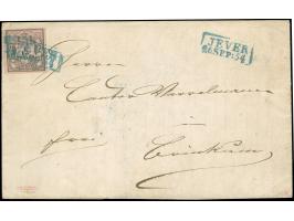 1852, 1/15 Th. auf rosa, Type I, allseits voll- bis breitrandig mit blauem Ra2 “JEVER 26.SEP.54” auf kpl. Faltbrief nach Brin