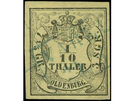 1852, 1/10 Th. auf hellolivgelb, allseits voll- bis breitrandig mit blauem Ra1 “VAREL 24.10.”. Die farbfrische Marke ist in e