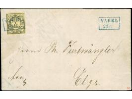 1852, 1/10 Th. auf hellgraugelb, allseits voll- bis breitrandig mit blauem Ra2 “VAREL 23.1.(59)” auf kpl. Faltbrief nach Elze
