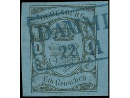 1859/61, 1 Gr. auf blau, allseits breit- bis sehr breitrandig mit klarem, blauen Ra2 “DAMME 22.11.”. Die farbfrische Marke is