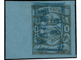 1859/61, 1 Gr. auf blau, allseits breitrandig mit 12 mm Bogenrand links, mit blauem Ra2 “VAREL 3.5.” entwertet. Die farbfrisc