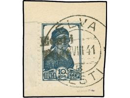 1941, 10 Kop. dunkelpreußischblau, mit linkem Seitenrand, sauber gestempelt “ELVA B EESTI 12.VIII 41” auf Briefstück, ausgabe