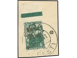 1941, 15 Kop. dunkelgraugrün, Oberrandstück, sauber gestempelt “ELVA EESTI B 12.VIII.41” auf Briefstück, tadellos, Auflage nu