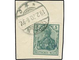 1920, Germania 5 Pfg. dunkelopalgrün, gestempelt “OPPELN 19.2.20" auf Briefstück, zwei kurze Zähne sonst tadellos, sign. Grub