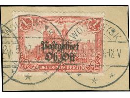 1916/18, Germania 1 M. dunkelbräunlichrot, 26:17 Zähnungslöcher, sauber gestempelt “WOLKOWYSK 21.5.17” auf Briefstück, tadell