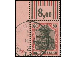 1920, Germania 80 Pfg. karminrot/rotschwarz auf hellrosa, linke obere Bogenecke im Walzendruck mit Konfiguration 1'4'1 / 2'3'