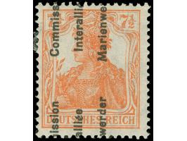 1920, Germania 5 Mark auf 7 ½ Pfg rötlichorange, senkrechter Aufdruck nur in Fragmenten von den Bogenfeldern 47 und 48 von Pl