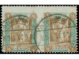 1920, I. Sarg-Ausgabe 1 M. dunkelgrün/orangebraun, dünnes Papier, waagerechtes Paar mittig ungezähnt, sauber gestempelt “MARI