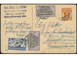 1921, Flugpost 5 M. schwärzlichviolettblau und Staatswappen 10 M. orange, portorichtig auf Karte mit Stempel “LANGFUHR 12.1.2