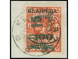 1923, 15 C. auf 100 M. auf 25 C. dunkelzinnoberrot, grüner Aufdruck in Type I, sauber gestempelt "KLAIPEDA 2 * a * 27.III.24 