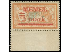 1920, 3 M. auf 2 Fr. dunkelrötlichorange/hellgrünlichblau, weißes Papier, Unterrandstück mit weitem Abstand zwischen 3 und ma