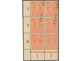 1920, 1 M. gelblichrot auf mattgelblichorange, unterer linker Eckrandsechserblock, verschobener Aufdruck und daher Feld 91 un