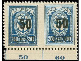1923, Angliederung des Memellandes an Litauen 50 C. auf 200 M. dunkelblau, waagerechtes Unterrandpaar, Mitte ungezähnt, saube