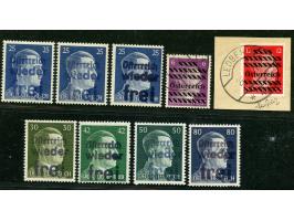 1945, Lokalausgaben Leoben und Dorfstetten : Wiener Buchdruckaufdruck auf den Hitler-Freimarken zu 25, 30, 42, 50 und 80 Pf. 
