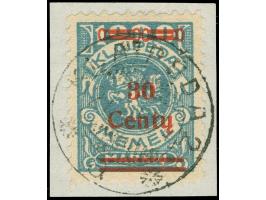 1923, Freimarke 30 C. auf 1000 M. grünlichblau, sauber gestempelt “KLAIPEDA 2 27.III.24” auf Briefstück, oben drei Zähne verk