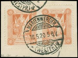 1920, I. Sarg-Ausgabe 20 Pfg. braunorange, waagerechtes Paar, Mitte ungezähnt, sauber gestempelt “MARIENWERDER * (WESTPR.) a 