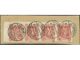 1920, I. Sarg-Ausgabe 10 Pfg. karmin, ungezähnter waagerechter Viererstreifen vom linken Bogenrand, sauber gestempelt “MARIEN