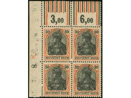 1920, Hochovalaufdruck 30 Pfg. dunkelrotorange/schwarz auf hellchromgelb, linker oberer Eckrandviererblock mit Plattenfehler 