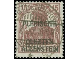 1920, Germania 15 Pfg. dunkelbraunkarmin, Aufdruckfehler “Kopf des P von PLEBISCITE geschwungen", sauber gestempelt “ORTELSBU