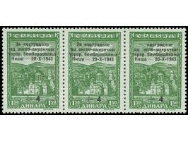 1943, Bombengeschädigte in Nis 1,50 Din. + 4 Din., waagerechter Dreierstreifen mit Aufdruckfehler “erstes Aufdruckwort fehlt”