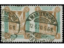 1920, I. Sarg-Ausgabe 1 M. dunkelgrün/orangebraun, waagerechtes Paar, mittig ungezähnt, sauber gestempelt “MARIENBURG 12.6.20