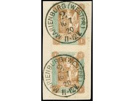 1920, I. Sarg-Ausgabe 1 M. dunkelgrün/orangebraun, senkrechtes Paar, Mitte ungezähnt, sauber gestempelt “MARIENBURG (WESTPR.)