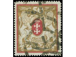 1922, Großes Staatswappen 50 M. rot/gold, Wasserzeichen 2Y, sauber zeitgerecht gestempelt mit Sicherungsstempel von Danzig 1,