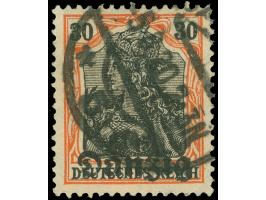 1920, Germania 30 Pfg. dunkelrotorange/schwarz auf hellchromgelb, mit Plattenfehler “unterer Fuß des ersten E in Deutsches ve