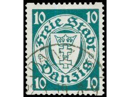 1939, Staatswappen im Oval 10 Pfg. dunkelbläulichgrün, waagerecht geriffelte Gummierung, sauber gestempelt “DANZIG 22.3.39”, 