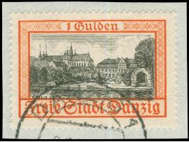 1936/39, Ansichten 1 G. gelblichrot/schwarz, Plattenfehler “gebogener senkrechter Strich im O und abweichenes i in Oliva” (Fe