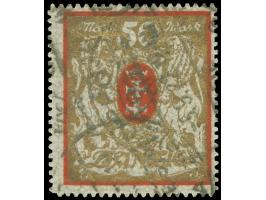 1922, Großes Staatswappen 50 M. rot/gold, liegendes Wasserzeichen, zeitgerecht gestempelt “ZOPPOT e -5.9.22”, tadellos, unsig