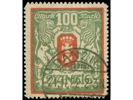 1922, Großes Staatswappen 100 M. dunkelzinnoberrot/dunkelgrünoliv, liegendes Wasserzeichen, sauber gestempelt “DANZIG 21.11.2