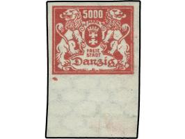 1923, Großes Staatswappen 5000 M. rotkarmin, ungezähntes Unterrandstück mit Klischeenagel links unter dem Markenbild, rücksti