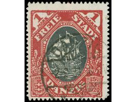 1921, Kogge 1 M. karmin/schwärzlichgrau, mit Plattenfehler “Kogge im Feuer” (Feld 10, Teilauflage), sauber und zeitgerecht ge