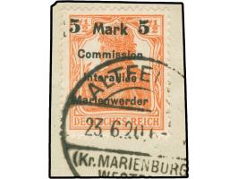 1920, Germania 5 M. auf 7 ½ Pfg. rötlichorange, Aufdruck Type AIb5, sauber gestempelt “ALTFELDE 23.6.20” auf Briefstück, tade