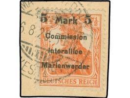 1920, Germania 5 M. auf 7 ½ Pfg. rötlichorange, Aufdruck Type AIbm, sauber gestempelt “MARIENWERDER .6.8.20" auf Briefstück, 