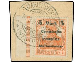 1920, Germania 5 M. auf 7 ½ Pfg. rötlichorange, Aufdruck Type AIam, linkes Seitenrandstück, sauber gestempelt “MARIENWERDER 1
